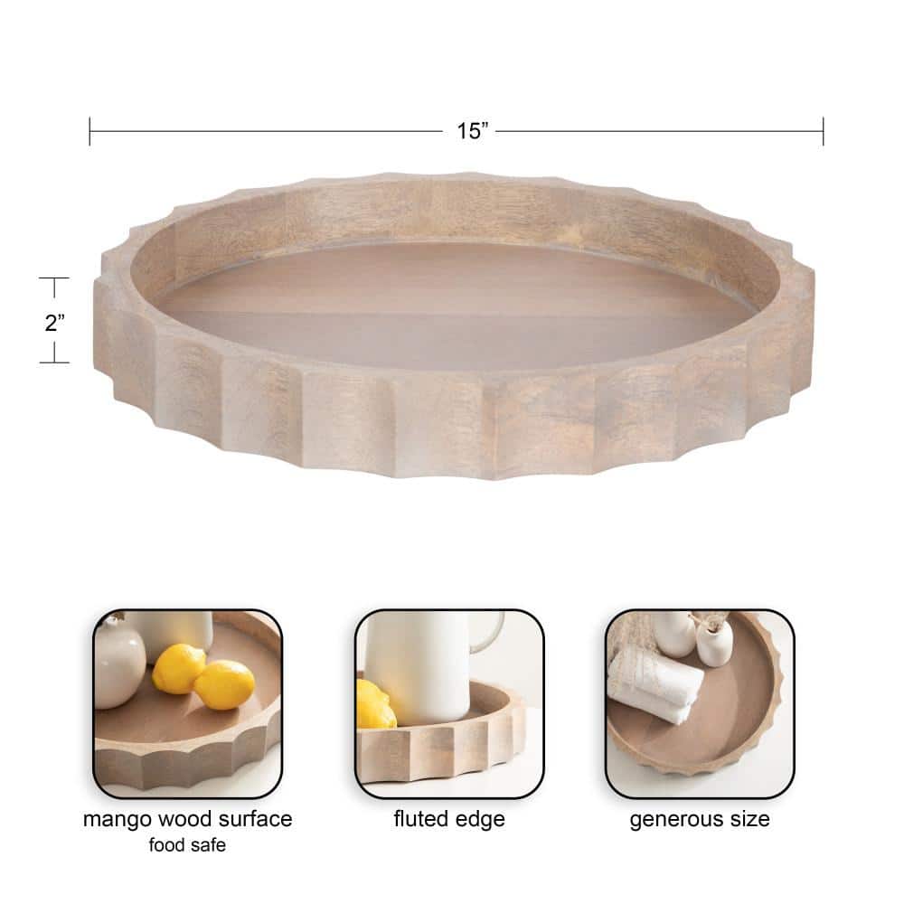 Natural Mango Wood Round Tray with Wavy Design, 15 Inch
