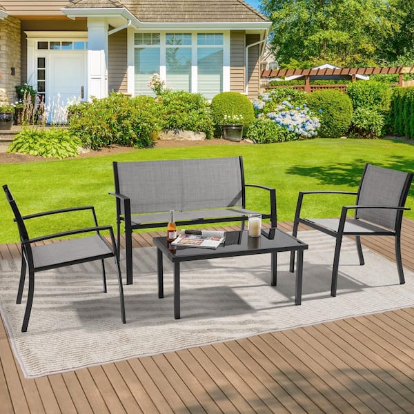 Sonkuki 4-Piece All-Weather Rust-Resistant Metal and Textilene Patio Conversation Sets in Gray