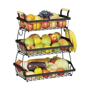 1-Piece 3-Tier Fruit Basket Bowl in Black with Side Hooks, Detachable Basket and Wooden Handle for Kitchen Countertop