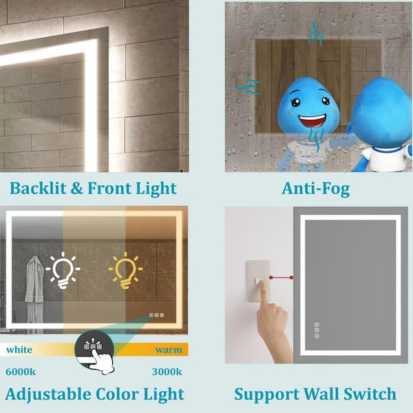 118 in. W x 36 in. H Rectangular Frameless Wall Bathroom Vanity Mirror with Backlit and Front Light