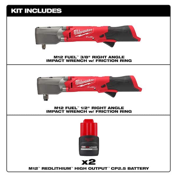 M12 FUEL 12V Lithium-Ion Brushless Cordless 3/8 in. & 1/2 in. Right Angle Impact Wrenches w/(2) M12 CP 2.5 Ah Batteries