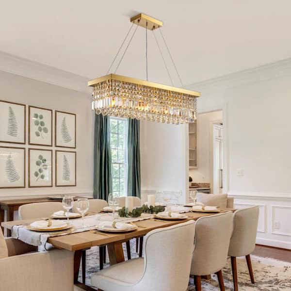 Modern 6-Lights Gold Rectangular Raindrop Crystal Chandelier Pendant Light for Dining Room Kitchen Island with No Bulbs