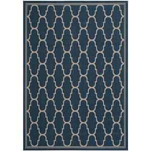 Courtyard Navy/Beige 5 ft. x 8 ft. Border Indoor/Outdoor Patio  Area Rug