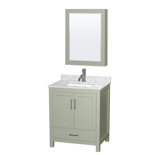Wyndham Collection Sheffield 30 in. W x 22 in. D x 35 in. H Single Bath Vanity in Light Green with White Carrara Marble Top & MC Mirror