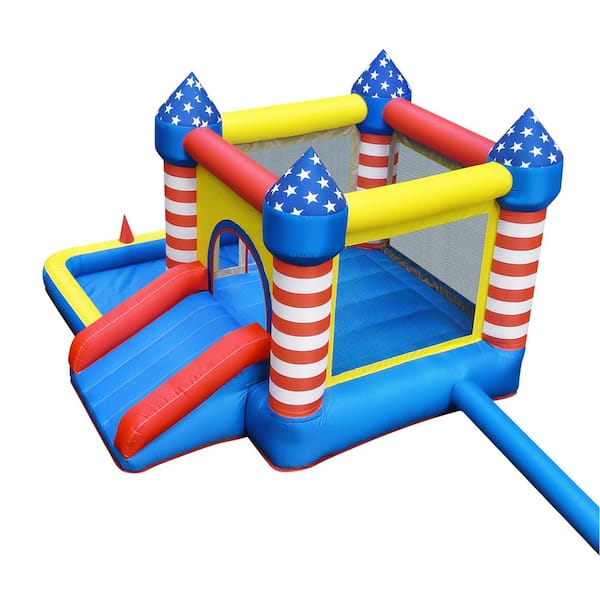 5 in 1 Bounce House with 370-Watt Blower, Ball Pit Slide, Bouncy Area Floating Balls Ring Toss, Storage Bag for Kids 3-8