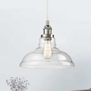 60 Watt 1 Light Nickel Finished Shaded Pendant Light with Clear glass Glass Shade and No Bulbs Included