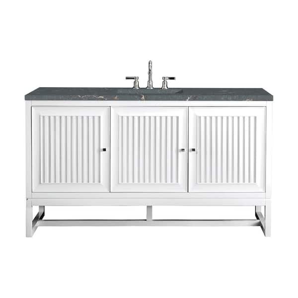James Martin Vanities Athens 60.0 in. W x 23.5 in. D x 34.5 in. H Single Bathroom Vanity Glossy White and Parisien Bleu Quartz Top