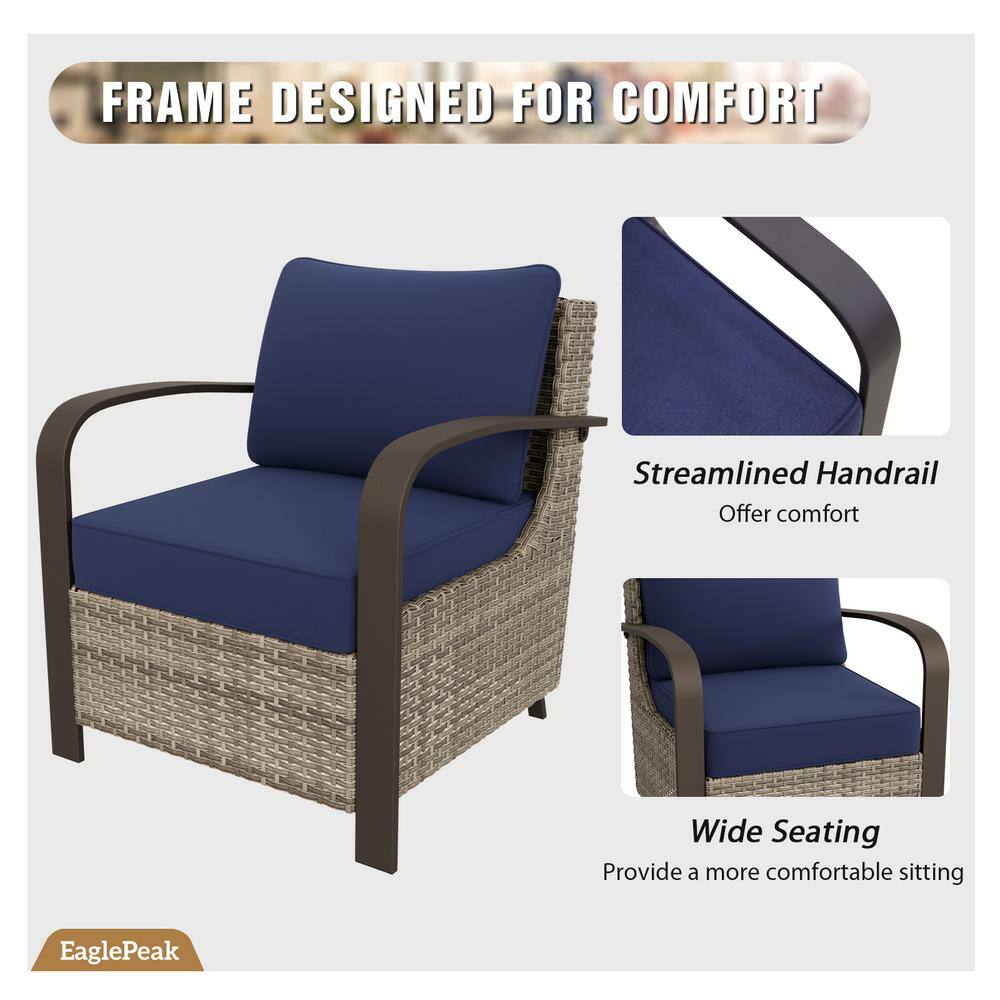 Blue Cushioned Brown Steel Wicker Lounge Chair