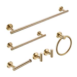 Modern 6-Pieces Bath Hardware Set with Towel rail*2 Paper towel rack*1 Towel ring*1 Hook*2 in Brushed Gold