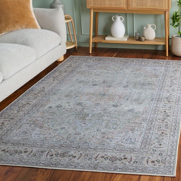 Tucson 8 ft. x 10 ft. Light Green/Beige Oriental Border Washable Area Rug