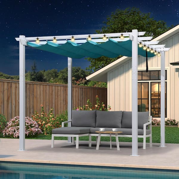 PURPLE LEAF 10 ft. x 10 ft. White Aluminum Frame Morden Pergola with Turquoise Blue Retractable Sun Shade Canopy and String Lights