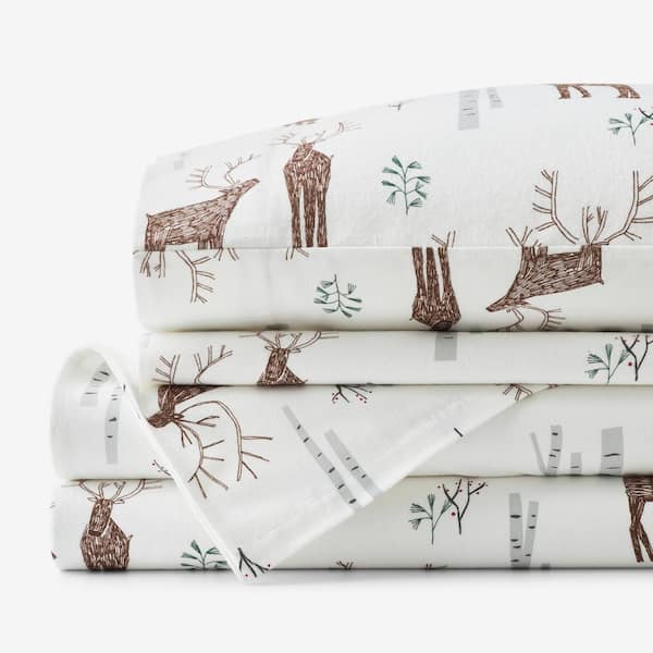 The Company Store Company Cotton Classic Holiday Print White/Brown Oh Deer Velvet Flannel Twin XL Sheet Set