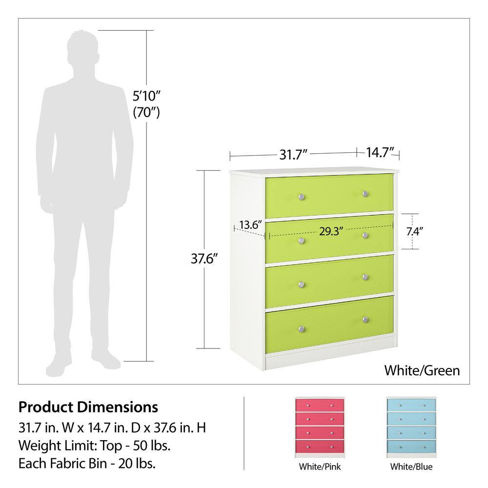 Ameriwood Home Mya Park Tall Dresser with 4 Fabric Bins, White w/ Green Bins