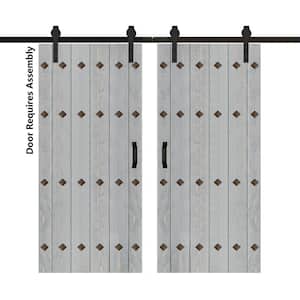 Mid-Century New Style 72 in. x 84 in. French Gray Finished Solid Wood Double Sliding Barn Door with Hardware Kit