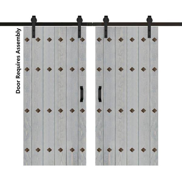 ISLIFE Mid-Century New Style 72 in. x 84 in. French Gray Finished Solid Wood Double Sliding Barn Door with Hardware Kit