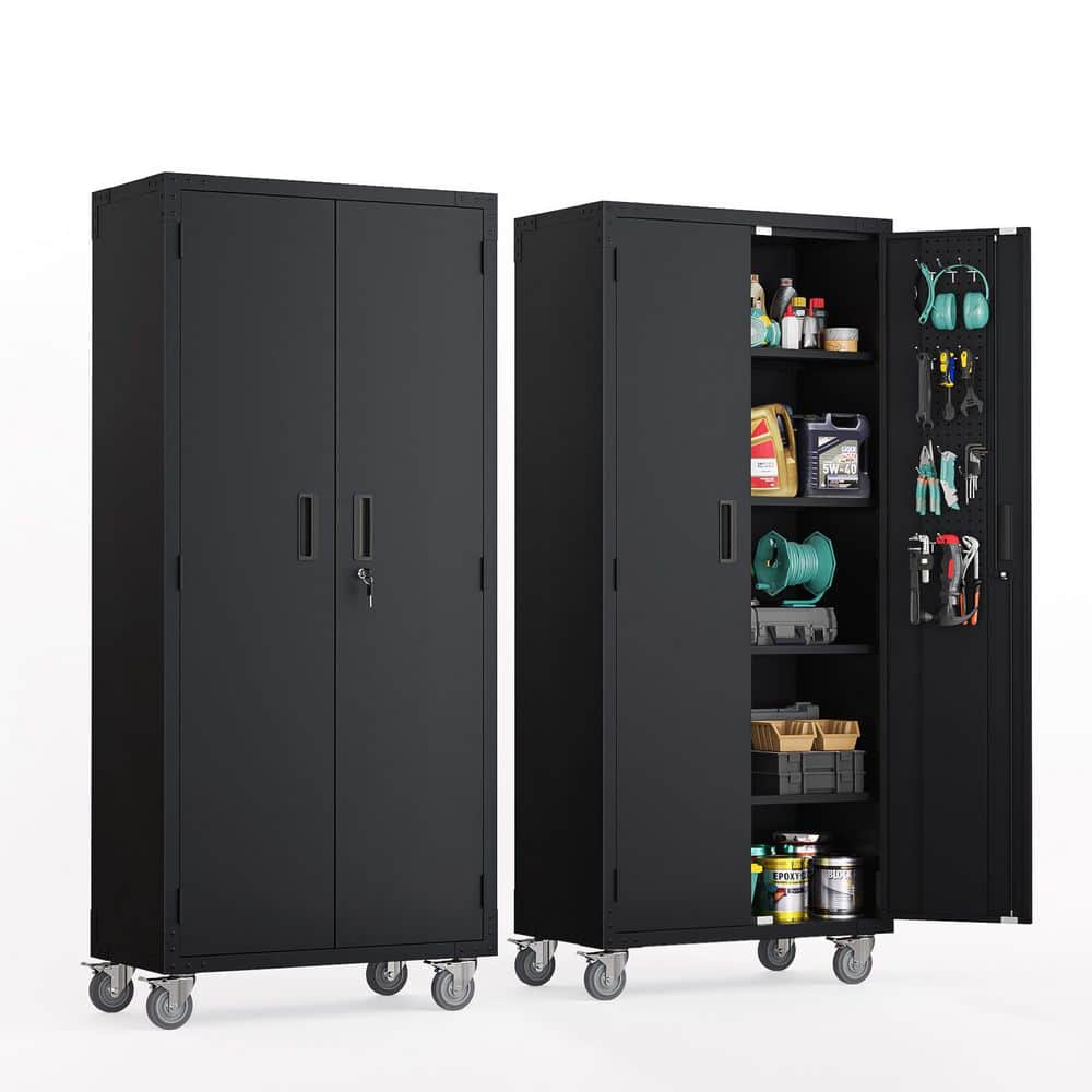 31.5 in. W x 72 in. H x 16.5 in. D Metal Garage Freestanding Cabinet in Black with Wheels, Locking Doors, Pegboards