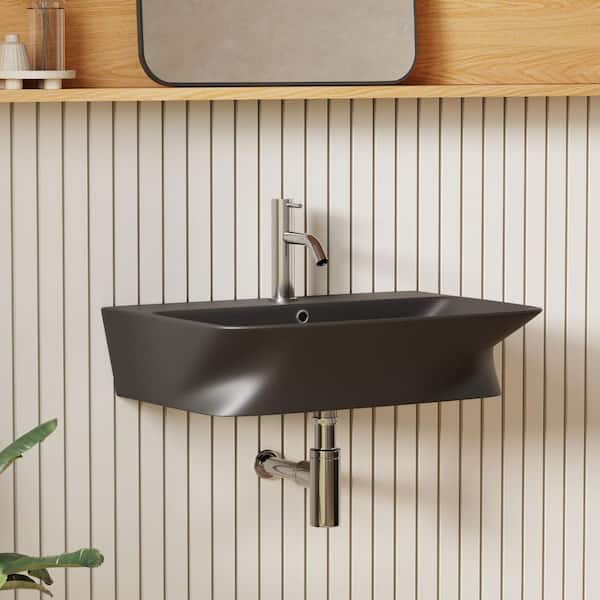 24 in. L x 17 in. W x 5 in. H Matte Black Ceramic Wall Mount Bathroom Sink with Overflow, 1 Faucet Hole and Pop-Up Drain