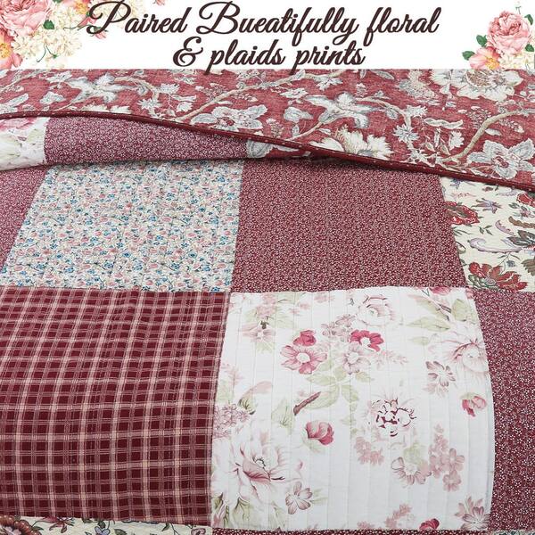 Cozy Line Home Fashions Romantic Red Rose Plaid Floral Garden 3-Piece Patchwork Cotton Queen Quilt Bedding Set, Red/ Beige/ Cream