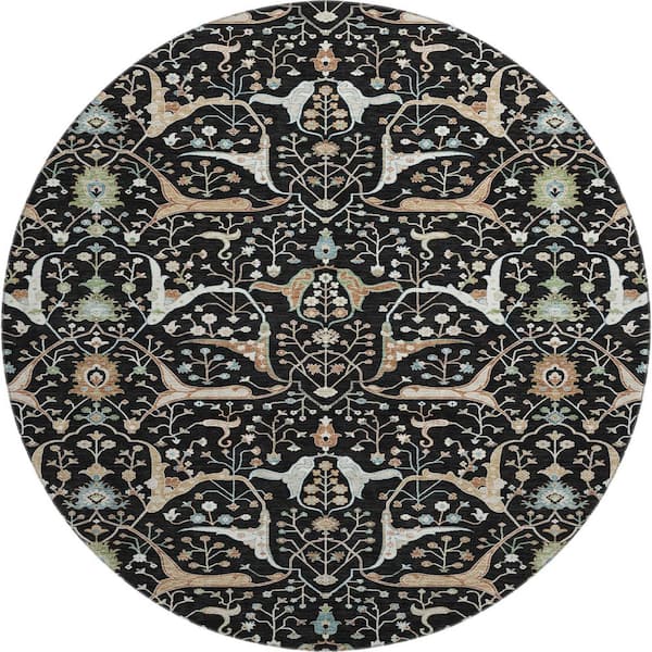 Mayfield Premium Machine Washable Abstract AMF2250 Black 8 ft. x 8 ft. Round Rug