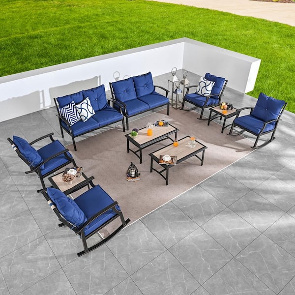 Patio Festival 10-Piece Metal Patio Conversation Set with Blue Cushions