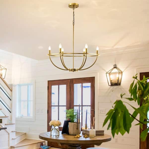 Magic Home 6-Light Urban Industrial Vine-Style Round Chandelier Ceiling Light in Gold for Foyer,Kitchen Island,Living Dining Room