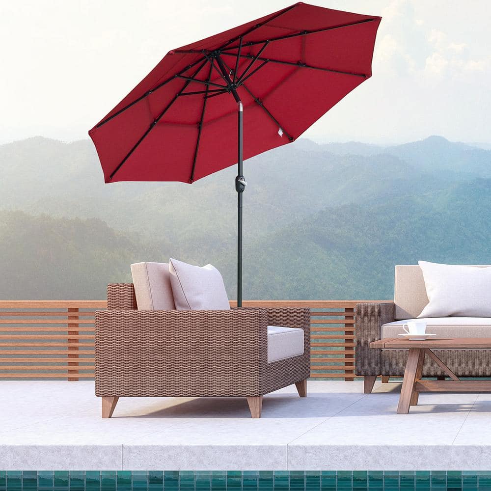 Wine Red 9' 3-Tier Outdoor Patio Umbrella with Crank and Tilt