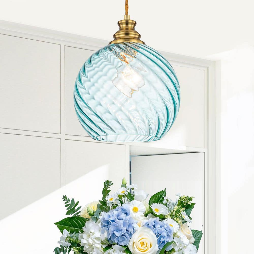 7.87 in. 1-Light Retro Brass Globe Island Pendant Light with Blue Textured Glass Shade for Dining price history on PriceWatchPro