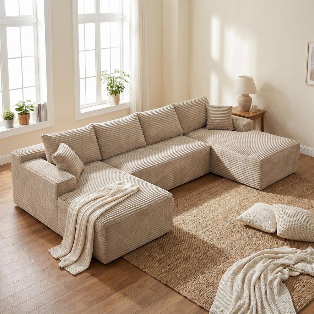 132.1 in. 4-Seater Square Arms Corduroy Modular Compressed Sectional Sofa with Chaises and Pillows in Camel price history on PriceWatchPro