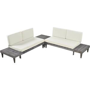 10.8 in. Low Height Antique Gray 3-Piece Solid Wood Patio Conversation Set with Beige Cushions and Side Table