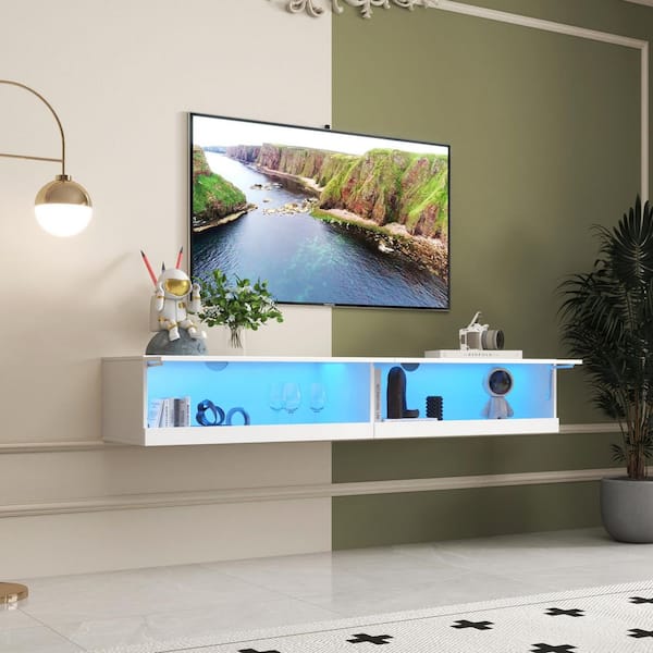 80 in. Modern White Floating TV Stand with 20 Color LEDs, Charging Station and Storage Management(Max TV Size 79 in. )
