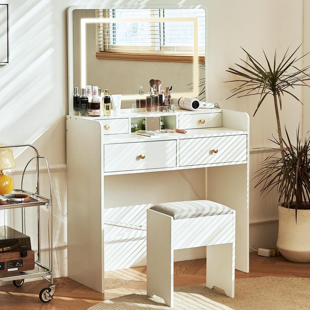 White Wood Vanity Desk with LED Mirror and Storage Bench
