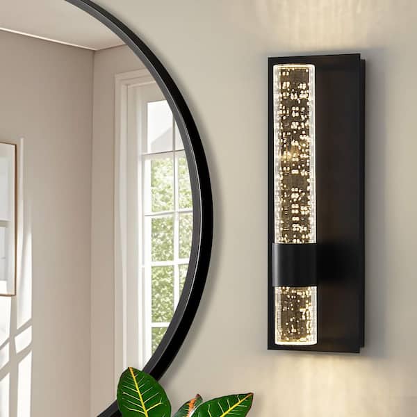 Modern 1-light Black Dimmable Wall Sconce with 12W Integrated LED and Bubble Crystal Cylinder Shade