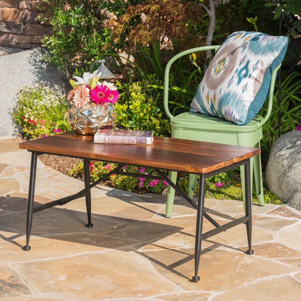 Sleek Antique Acacia Wood and Black Iron Patio Coffee Table