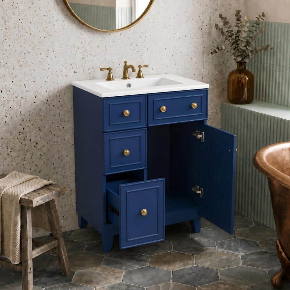 Ami 24 in. W Freestanding Bathroom Vanity Cabinet in Royal Blue with Ceramic Top, 1-Door and 2-Drawers price history on PriceWatchPro