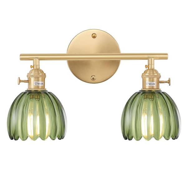 Unbranded Vintage 4.72 in. 2 Light Brass Bathroom Vanity Light in Green Tulip Glass Shade