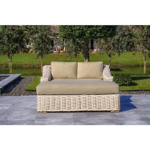 Anna White and Grey 1-Piece Wicker Aluminum Frame Extra Large Outdoor Double Chaise Lounge with Grey Sunbrella Cushions