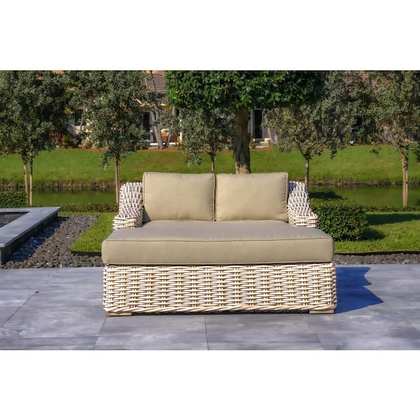 Outsy Anna White and Grey 1-Piece Wicker Aluminum Frame Extra Large Outdoor Double Chaise Lounge with Grey Sunbrella Cushions
