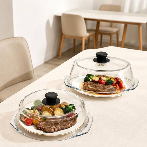 LAIFUCAM Tall Black Borosilicate Glass Microwave Splatter Cover with Silicone Mat, 10 in. Dual Vents, Dishwasher Safe