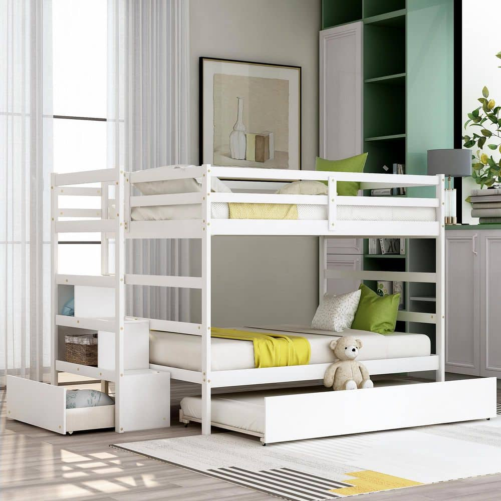 ANBAZAR White Full Size Kids Bunk Bed with Trundle Bed and Staircase ...