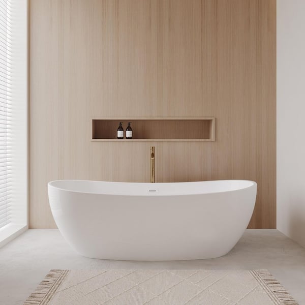 Wyndham Collection Rebecca 70 in. Acrylic Flatbottom Bathtub in White with Shiny White Trim and Brushed Gold Faucet