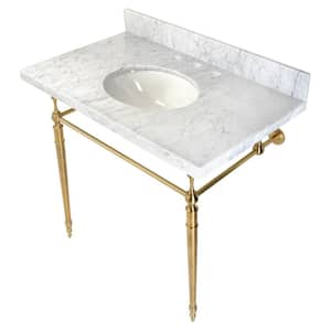 Edwardian 36 in. Console Sink with Brass Legs (8 in., 3 Hole) in Marble White/Brushed Brass