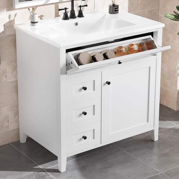 30 in. Single Sink Freestanding White Bath Vanity with White Ceramic Top - Adjustable Shelf, Soft-Close
