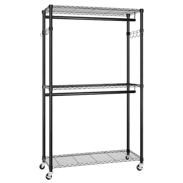 Black 3-Shelf Adjustable Steel Clothes Rack with Wheels Hanging Rods , Side Hooks 29.5 in. W x 75.5 in. H x 15.7 in. D