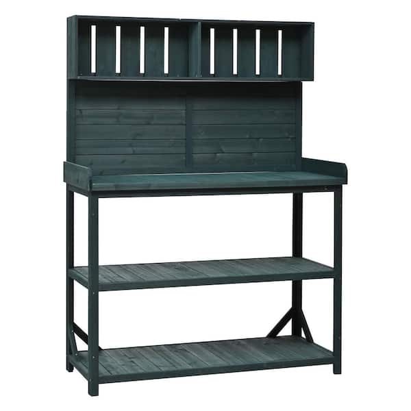 Quorin 46.9 in. W x 19.3 in. D x 65 in. H Forest Green Wood Outdoor Garden Potting Bench Table w/ Shelves and Side Hook