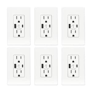 25-Watt 15 Amp Dual Type A and Type C USB Wall Duplex Outlet, Wall Plate Included, White (6-Pack)