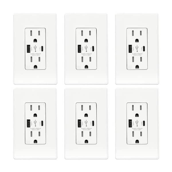 ELEGRP 25-Watt 15 Amp Dual Type A and Type C USB Wall Duplex Outlet, Wall Plate Included, White (6-Pack)