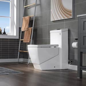 Modern 1-Piece 1.1/ 1.6 GPF Dual Flush Square Elongated Toilet in White and Oil Rubbed Bronze Button with Seat Included