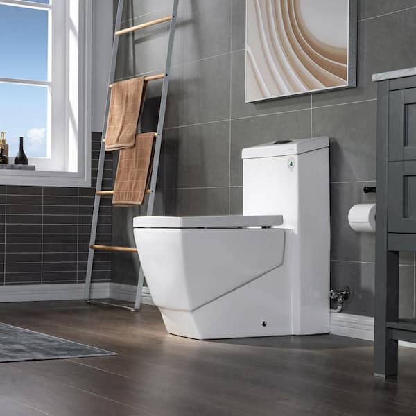 WOODBRIDGE Modern 1-Piece 1.1/ 1.6 GPF Dual Flush Square Elongated Toilet in White and Oil Rubbed Bronze Button with Seat Included