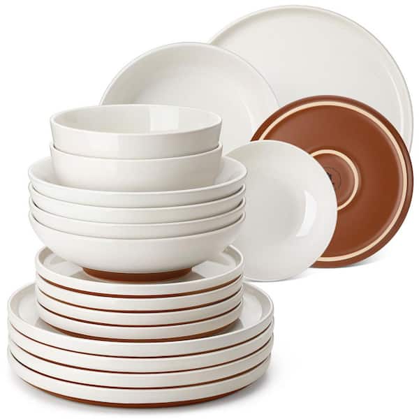 24-Piece White and Khaki Stoneware Dinnerware Set Service for 6 Tableware Set Bowls and Plates Dining Set