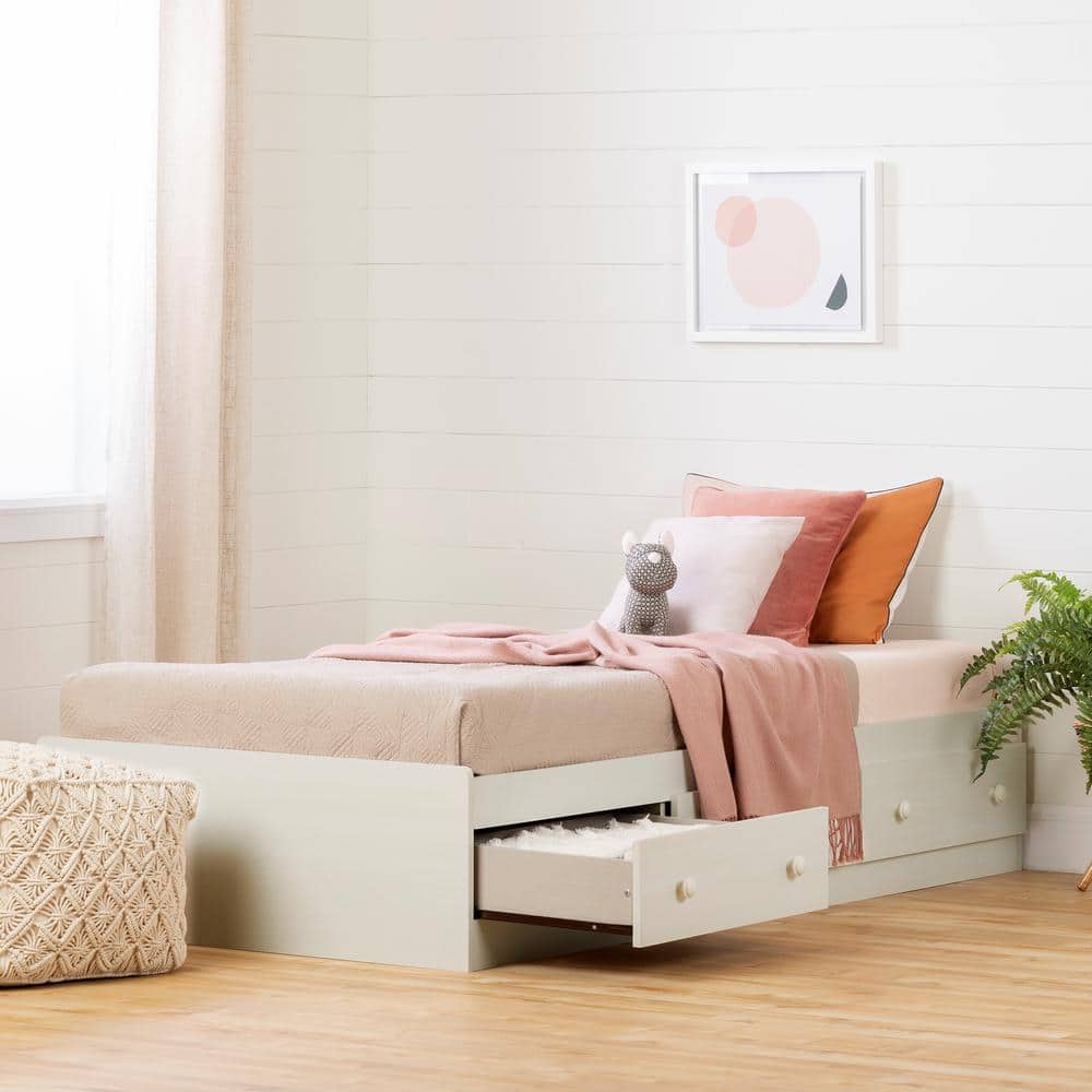 White Twin Wood Frame Bed with Storage Drawers